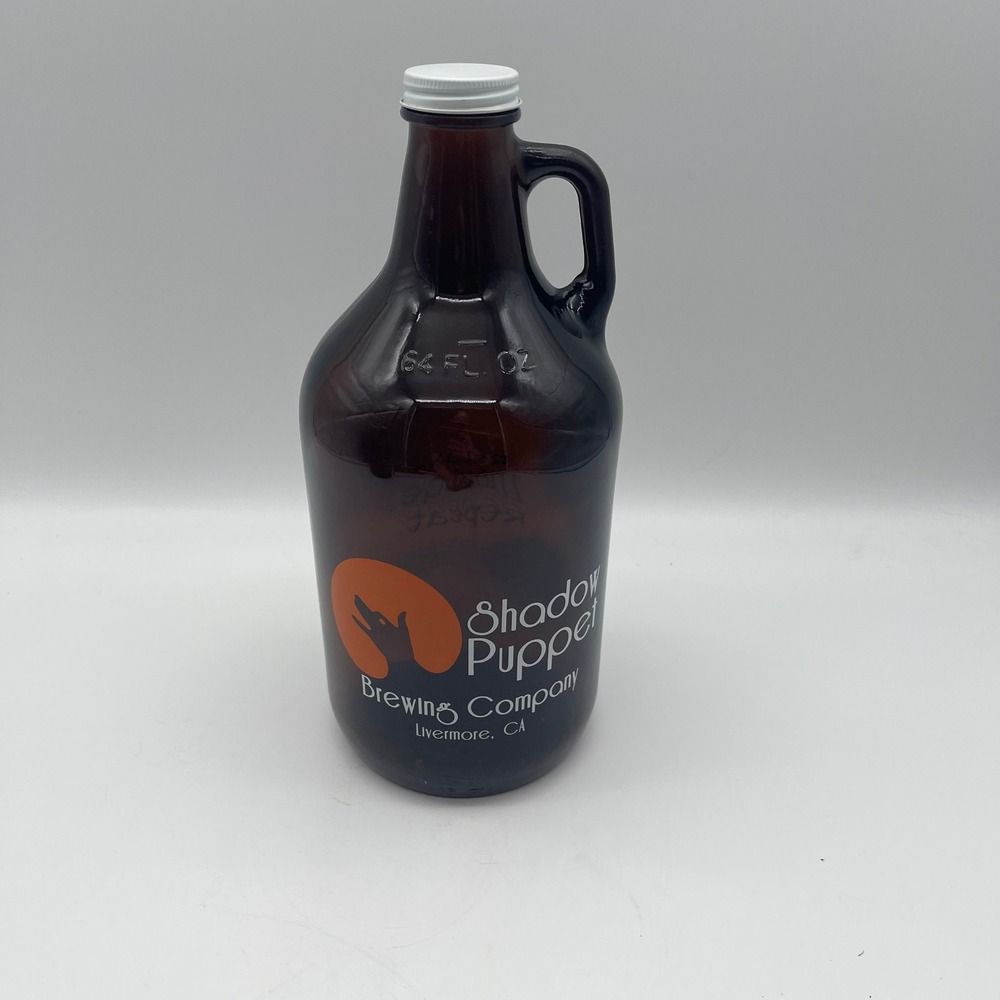 Shadow Puppet Brewing Company 64oz Amber Glass Beer Growler Livermore CA Brown